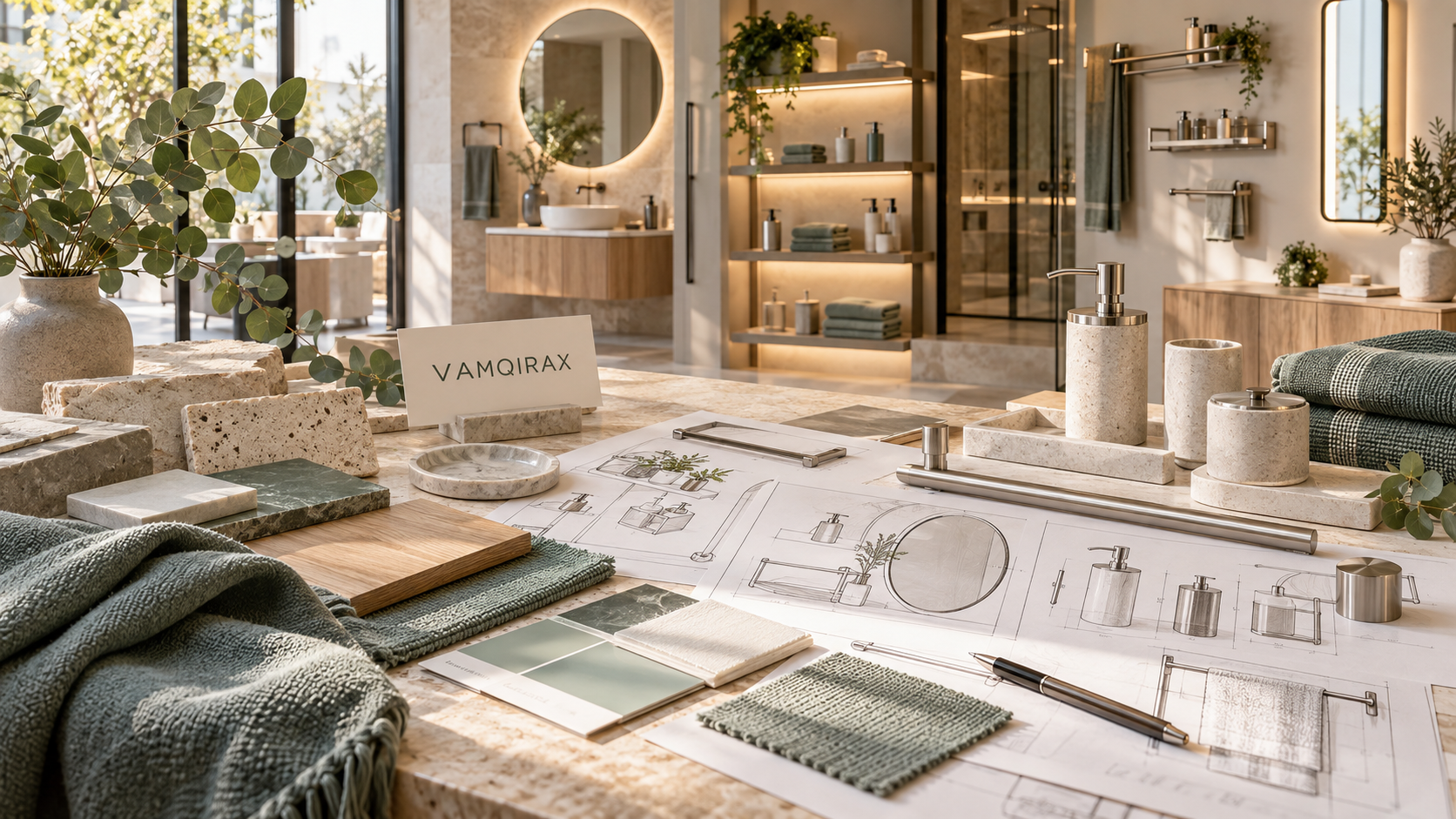 VAMQIRAX bathroom product studio with stone samples, textiles, metal finishes and design sketches